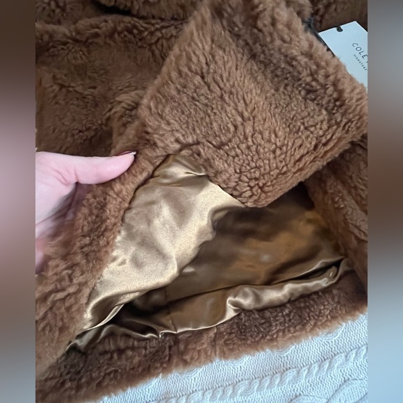 Cole Haan Signature Designer Brown Faux Fur Wool Blend Coat Size XL - Picture 6 of 16